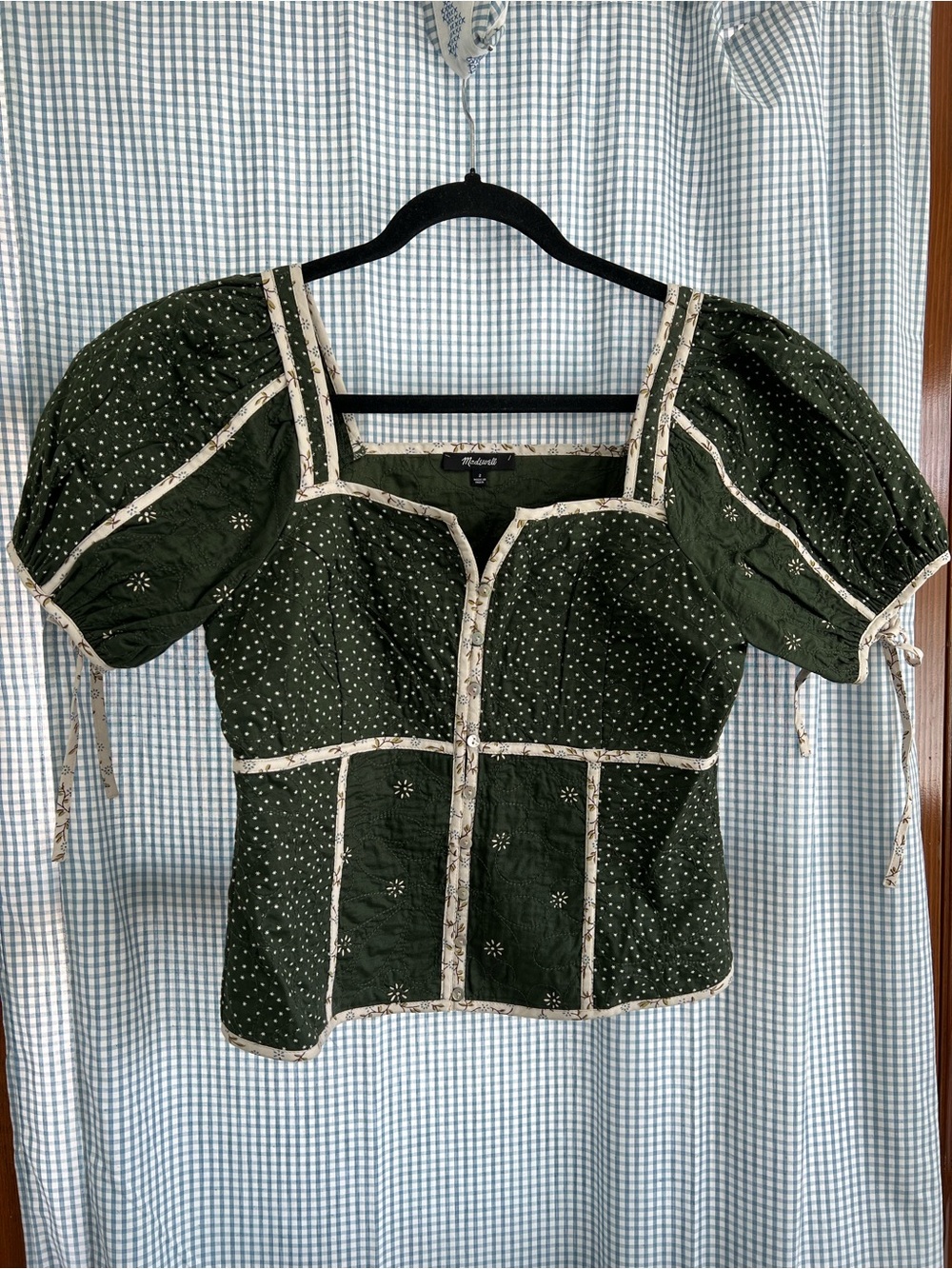 Madewell Dark Green Square-Neck Puff Sleeve Blouse with Ivory Trim